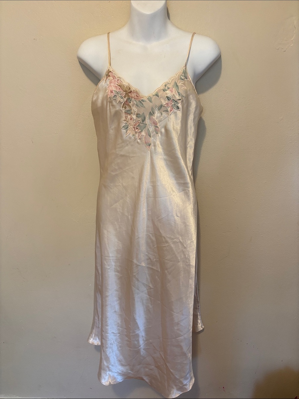 Embroidered Satin Slip Chemise in Champagne Pink